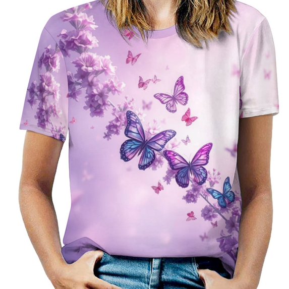 Lavender T-Shirt O Neck Retro Print Big Size T-Shirts Short Sleeve Tees Womens Pretty Design