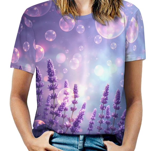 Lavender T-Shirt O Neck Retro Print Big Size T-Shirts Short Sleeve Tees Womens Pretty Design
