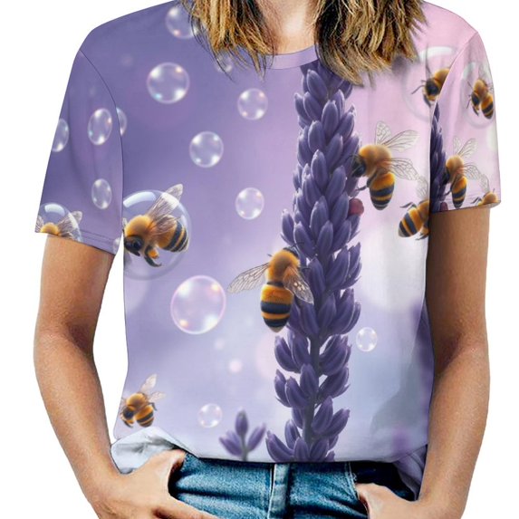 Lavender T-Shirt O Neck Retro Print Big Size T-Shirts Short Sleeve Tees Womens Pretty Design