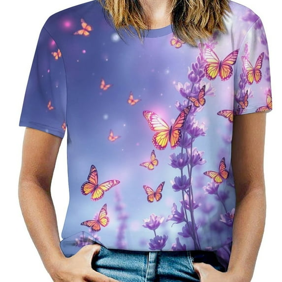 Lavender T-Shirt O Neck Retro Print Big Size T-Shirts Short Sleeve Tees Womens Pretty Design
