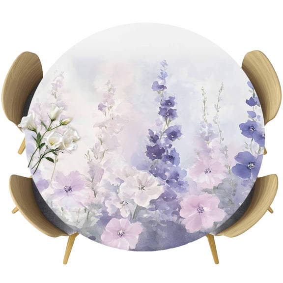 Lavender Table Cloth, Round Fitted Tablecloths with Elastic Edge, Pastoral Pastel Purple Pink Wildflower Wipeable Waterproof Table Cover for Kitchen Wedding 55-60 Inches