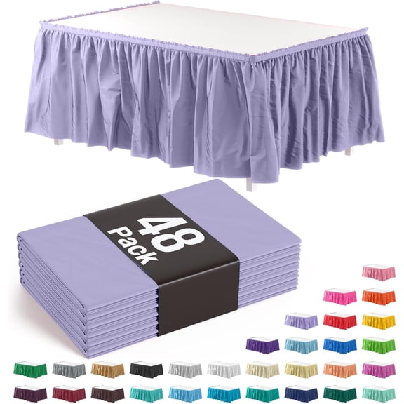 Lavender Table Skirt 48 Pack - Disposable Plastic Table Skirts for Rectangle Tables 6ft 8ft & Round Tables - 29in x 14ft Self-Adhesive Strip - Birthday Wedding Gender Reveal Decor