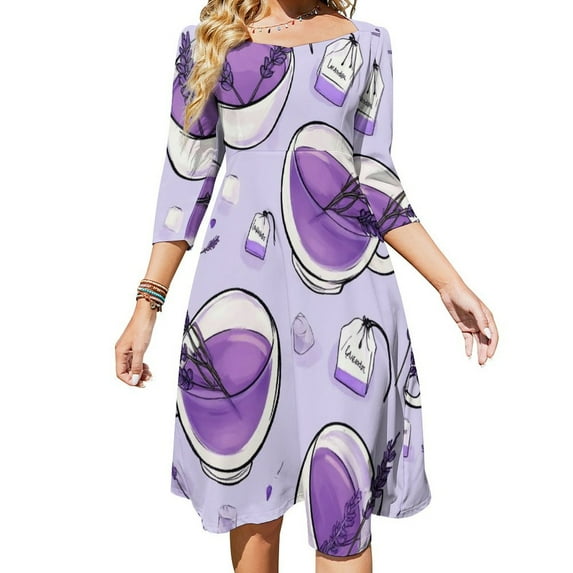 Lavender Tea Pattern-3 Flare Dress Square Neck Dress Elegant Female Fashion Printed Dress