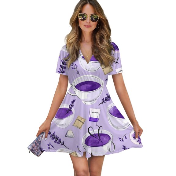 Lavender Tea Pattern Women Dress V-Neck Short Sleeve Flowy Swing Party Midi Dress