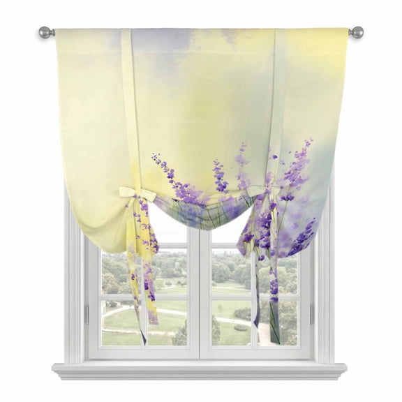Lavender Tie Up Curtains for Window, Thermal Insulated Balloon Shade Adjustable Rod Pocket Curtains Valance for Kitchen Bathroom Cafe 34 x 45 Purple Floral Spring Country Nature Wildflower Plant