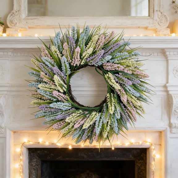 Lavender Tower Grass Wreath | 19.6 Inch Artificial Floral Wreath for Home & Holiday Decoration | Multicolor Plastic Faux Greenery