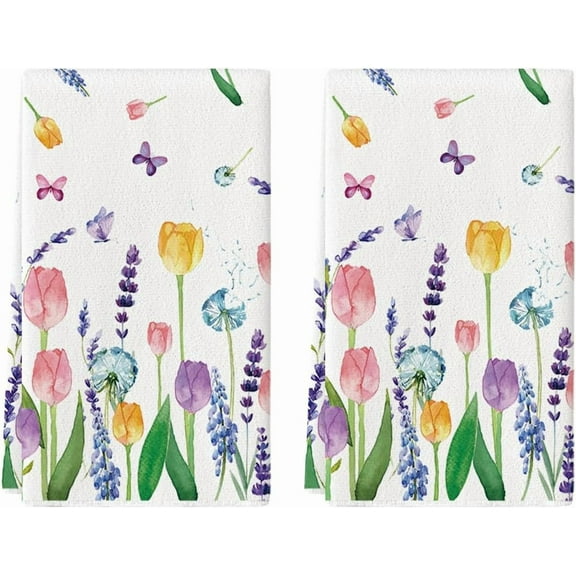 Lavender Tulip Spring Kitchen Towels Dish Towels, 18x26 Inch Daily Seasonal Summer Decoration Hand Towels Set of 2
