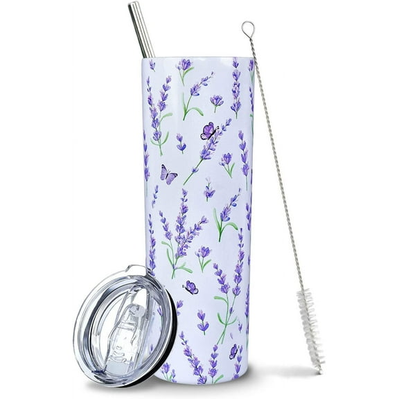 Lavender Tumbler, Purple Floral Tumbler, Lavender Gifts for Women, Cute Tumbler with Lid and Straw, Unique Birthday Gifts for Women, Friends Female- 20oz Flower Tumbler/Travel Mug, Lavender Cup