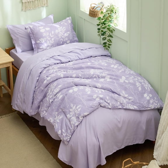 Lavender Twin XL Floral Comforter Set 5 Pieces Reversible Botanical Flowers Bed in a Bag