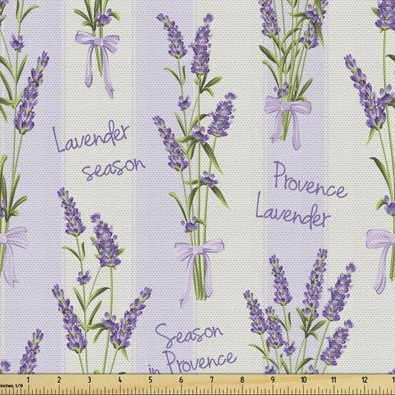 Ambesonne Lavender Fabric by the Yard Upholstery, Stripes and Flowers, 3 Yards, Purple