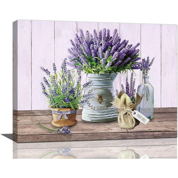 Lavender Wall Art Country Floral Canvas Prints Painting Rustic Purple Flower Pictures Framed Artwork Home Decor for Bathroom Dining Living Room 16"x12"