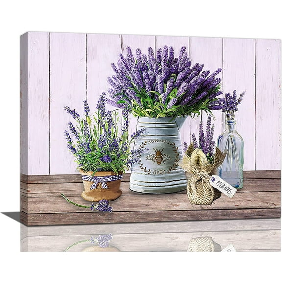 Lavender Wall Art Country Floral Canvas Prints Painting Rustic Purple Flower Pictures Framed Artwork Home Decor for Bathroom Dining Living Room 16"x12"