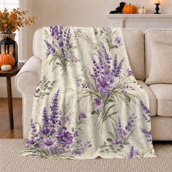 Lavender Watercolor Botanical Print, Peaceful Botanical Garden Scene, Warm Flannel Blanket for Sunroom and Reading Nook, Garden Lovers Friendship Gift, Botanical Home Decor