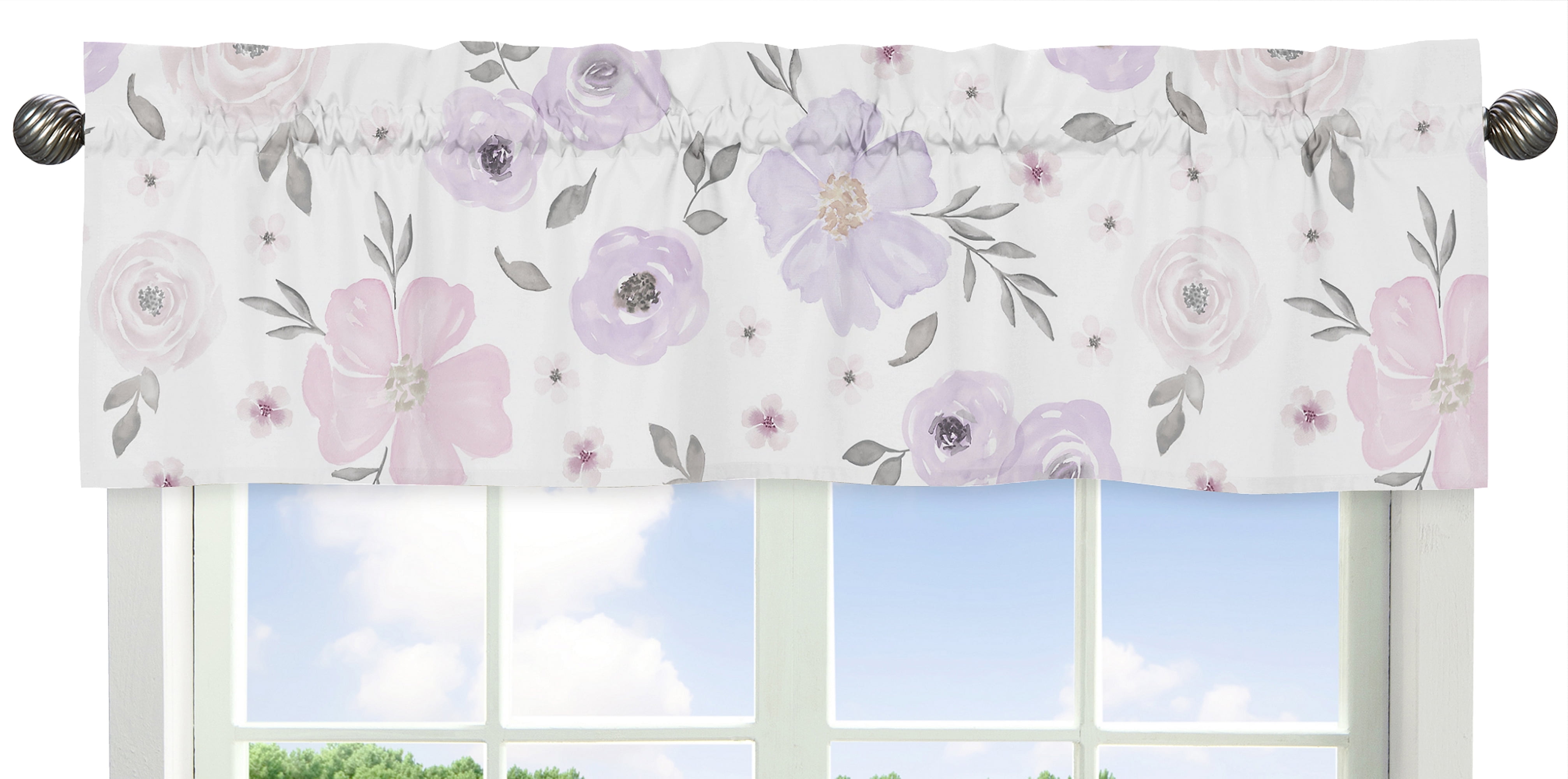Lavender Purple and Pink Floral Watercolor Window Valance