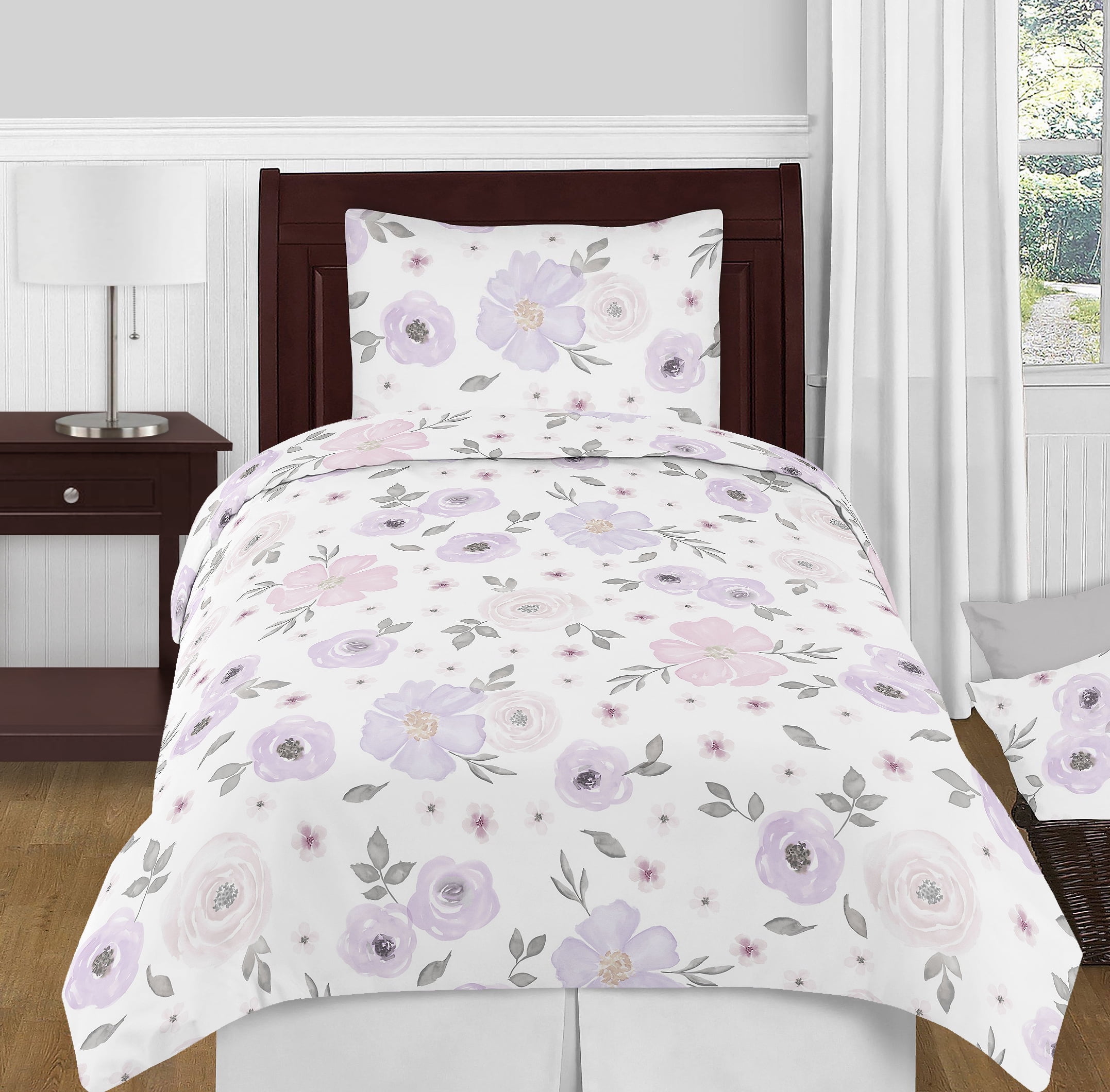 Lavender and Gray Watercolor Floral Twin Comforter Set