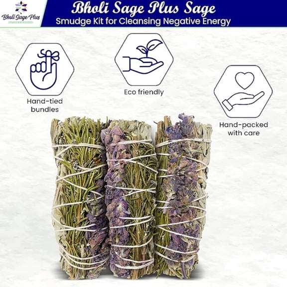 Bholi Sage Plus - Rosemary & Lavender Sage Smudge Sticks with White Sage Pack of 3