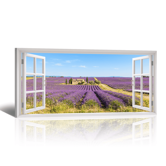 Lavender Window Canvas Wall Art, Large Purple Field Landscape Canvas Prints Horizontal Rural Countryside Scenery Artwork Paintings for Living Room Bedroom Home Decor