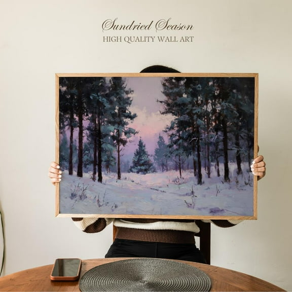 Lavender Winter Woods Wall Art Print, Peaceful Snowy Pine Tree Landscape, Soft Kristmas Nature Decor For Living Room Or Office Warm Present Vintage UNFRAMED Poster Size 8x12