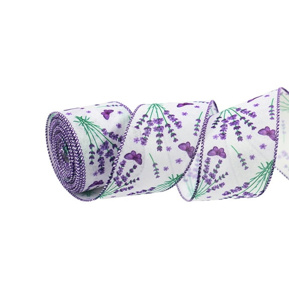 Lavender Wired Edge Ribbon 1 Roll 2.5 Inch Purple Floral Butterfly Printed Ribbon Spring Summer Fabric Ribbon for Gift Wrapping