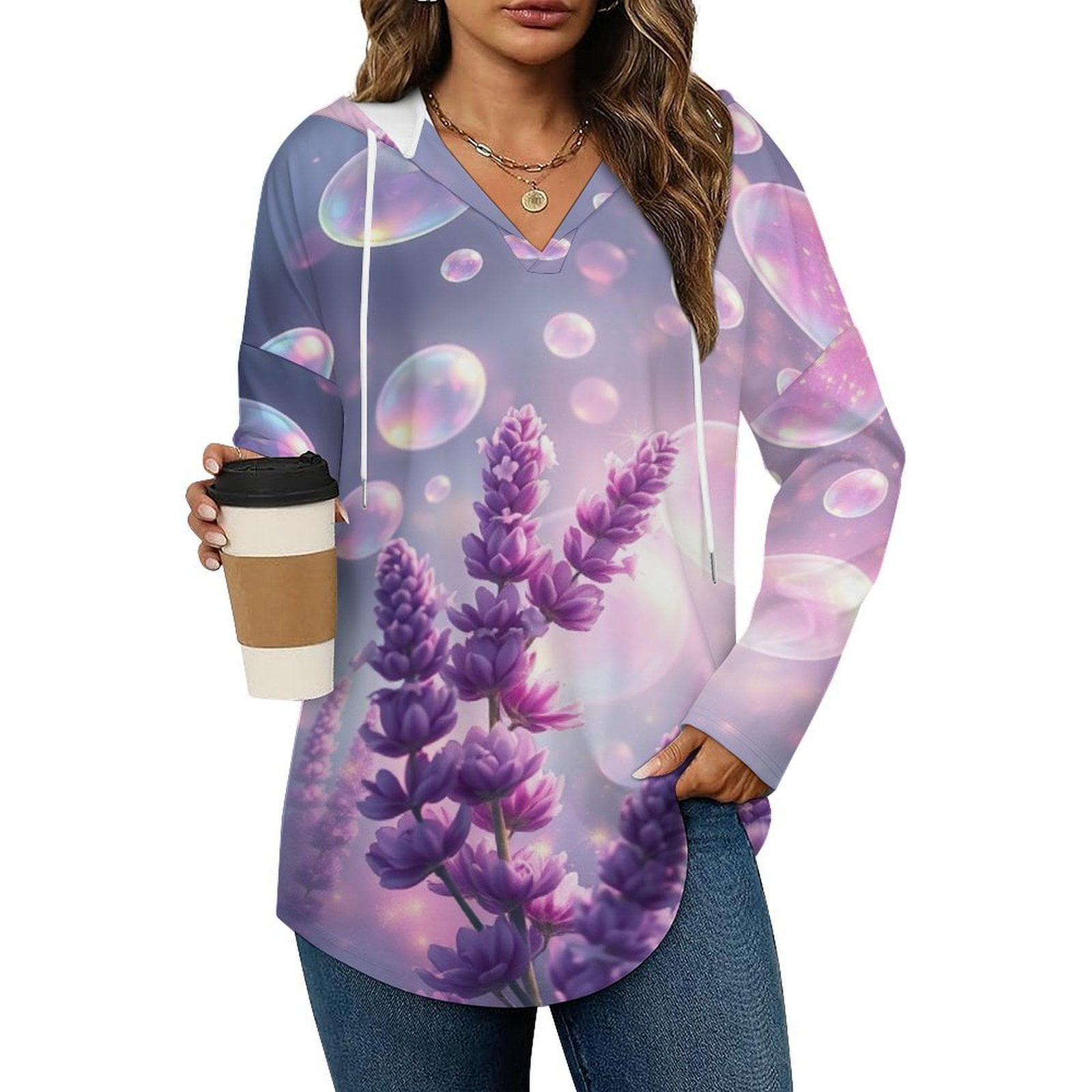 Lavender Women's Hoodies V Neck Long Sleeve Sweatshirt Drawstring — free download
