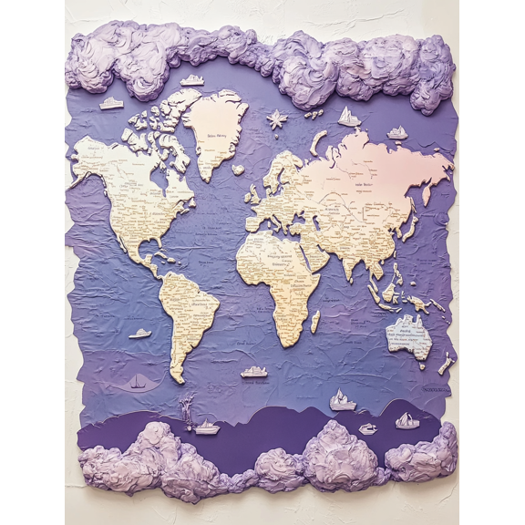 Lavender World Map Canvas Art Print Perfect for Living Room Bedroom Office Study and Hallway Decoration.