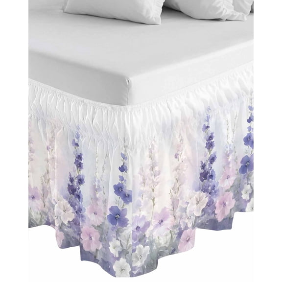 Lavender Wrap Around Bed Skirts for California King Bed 16" Drop,Bed Skirt with Adjustable Elastic Belt Dust Ruffle Bed Valance for Bedroom Pastoral Pastel Purple Pink Wildflower Bed Frame Cover