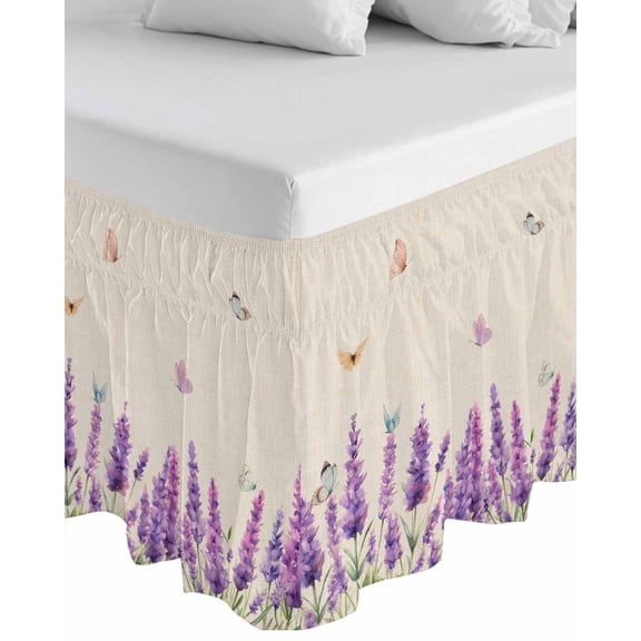 Lavender Wrap Around Bed Skirts for California King Bed 16" Drop,Bed Skirt with Adjustable Elastic Belt Dust Ruffle Bed Valance Purple Spring Floral Botanical Butterfly Rustic Bed Frame Cover