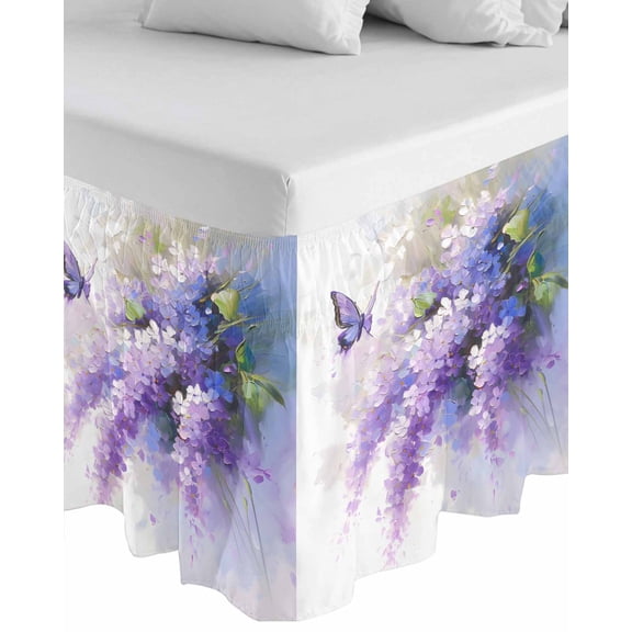 Lavender Wrap Around Bed Skirts for California King Bed 18" Drop,Bed Skirt with Adjustable Elastic Belt Dust Ruffle Bed Valance Watercolor Purple White Floral Botanical Butterfly Bed Frame Cover