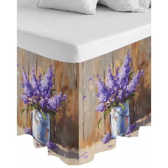 Lavender Wrap Around Bed Skirts for Queen Bed 16" Drop, Bed Skirt with Adjustable Elastic Belt Dust Ruffle Bed Valance for Bedroom Hotel Luxury Spring Floral Purple Watercolor Vintage Bed Frame Cover