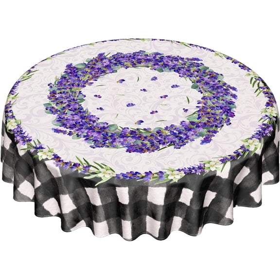 Lavender Wreath Buffalo Plaid Tablecloth, Farmhouse Decor, French Purple Flowers Round Tablecloths Circular Washable Polyester Table Cloths Cover for Kitchen Party Wedding Picnic Dining Decor 60 inch