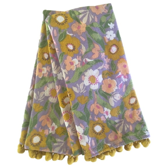Lavender & Yellow Floral Kitchen Towel Set 2 Cotton Dish Towels with Pom Poms