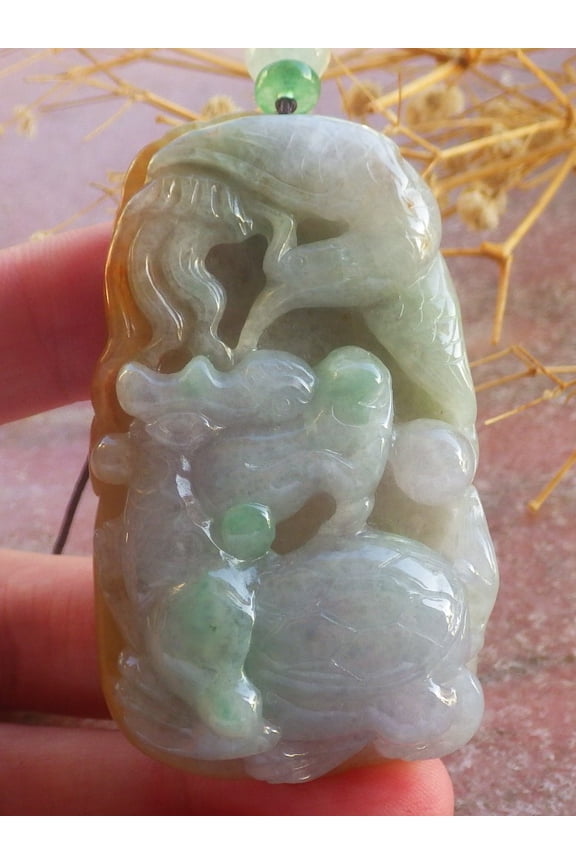 Lavender Yellow Green Natural A Jade jadeite Pendant Dragon Turtle Phoenix Bat Ruyi Necklace 688041 TN