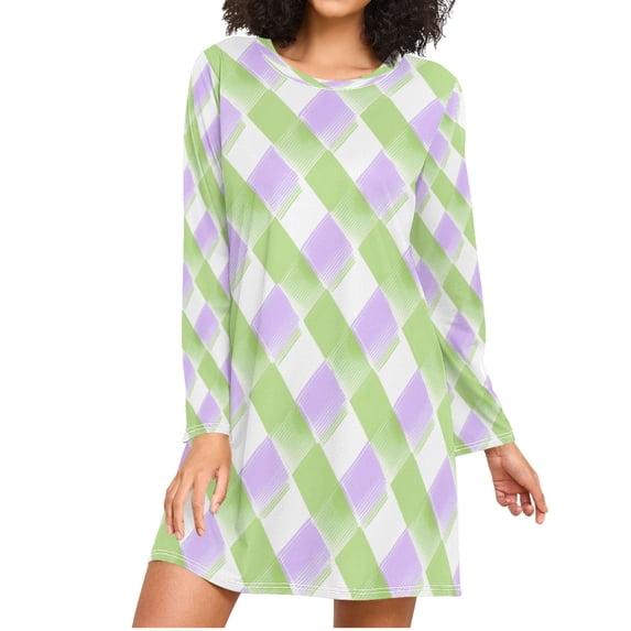 Sofe Color Lavender and Green Color Cross Line Women's Long Sleeves Nightgowns ...