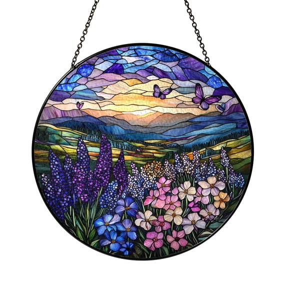 Lavender field stained glass suncatcher, sunset butterfly window art for nature inspired decor