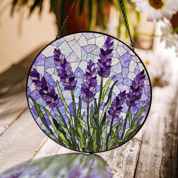 Lavender flower stained glass window round suncatcher handmade gift for mom or garden lover, 2D Printed, 1-sided Sun Catcher