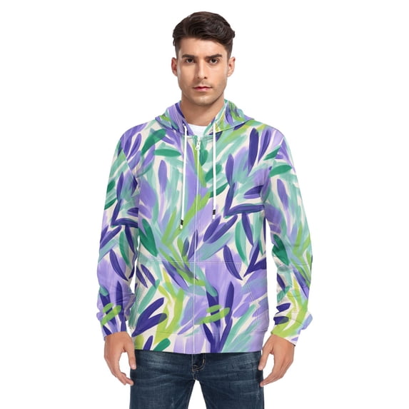 Lavender in Oil Painting Style Men’s Hoodies Sweatshirt with Full Zip Pockets Fleece Jackets