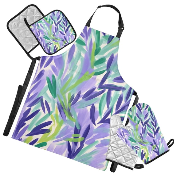 Lavender in Oil Painting Style Oven Mitts and Pot Holders with Chef Apron Set 5 Pcs Kitchen Cooking Set