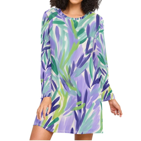 Lavender in Oil Painting Style Women's Long Sleeves Nightgowns Sleepwear Soft Pajama A-line Sleep Dress XXL