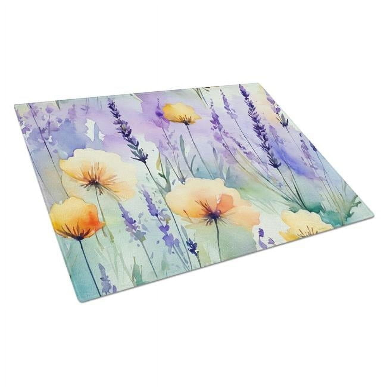 Lavender and Poppies Watercolor Glass Cutting Board 15x12