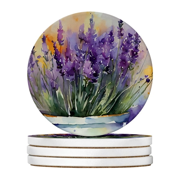 Caroline's Treasures Lavender in Watercolor Large Sandstone Coasters Pack of 4 Absorbent Round Coasters Decor Gifts for Men or Women, 4 in, Multicolor