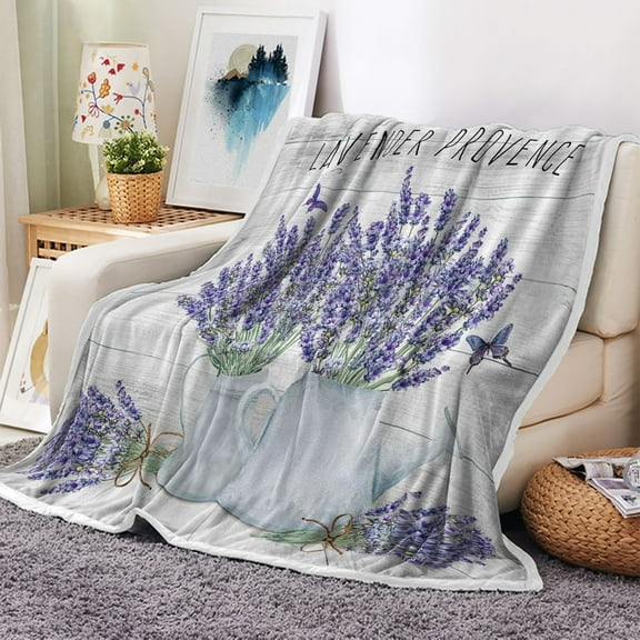 Lavender throw blanket, Purple Floral fleece blanket Farmhouse Butterfly Gray weighted fleece blanket for couch beds 60 X 50 inch