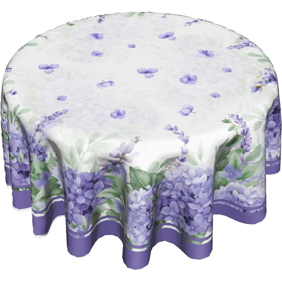 Lavenders Round Tablecloth Purple Hydrangea Floral Circular Washable Polyester Table Cloths Cover Tabletop 60 Inch for Home Kitchen Dining Room Party Picnic