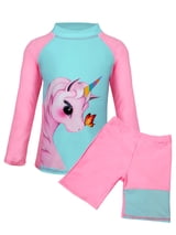 Lavenicole Girls 2-Piece Unicorn Rash Guard Swimsuit - Long Sleeve UV Protection Bathing Suit (3-9 Years) Lightpink