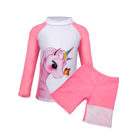 Lavenicole Girls 2-Piece Unicorn Rash Guard Swimsuit - Long Sleeve UV Protection Bathing Suit (3-9 Years) Darkpink