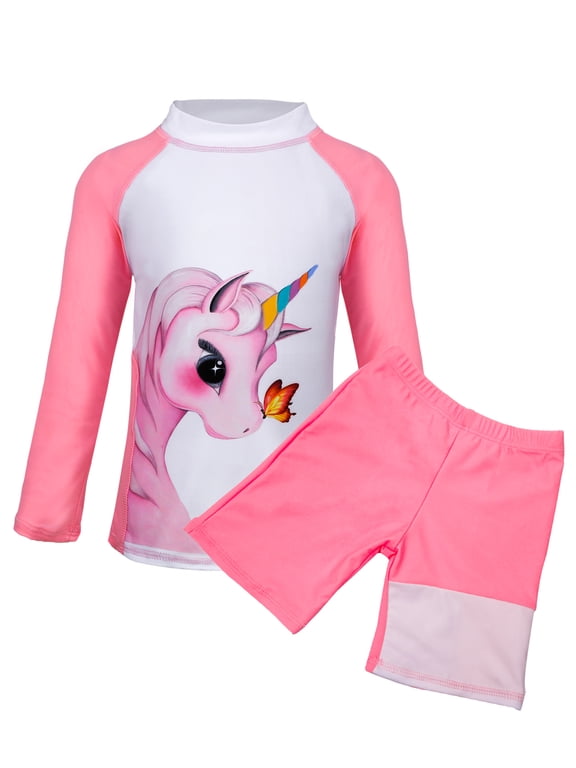 Girls 2-Piece Unicorn Rash Guard Swimsuit - Long Sleeve UV Protection Bathing Suit (3-9 Years) Darkpink