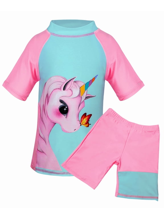 Girls' 2-Piece Unicorn Rash Guard Swimsuit, Short Sleeve UV Protection Bathing Suit for 3-9 Years Lightpink