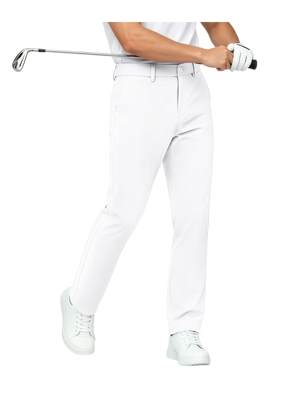 Men's Golf Work Pants 30" 32" Classic Fit Stretch Flat Front Casual Dress Pants with Pockets White