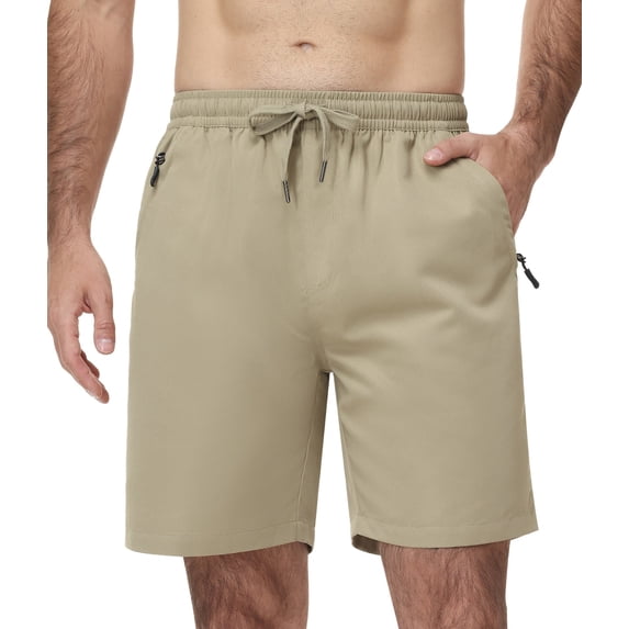 Lavenicole Men's Shorts Summer Casual Elastic Waist Drawstring, Lightweight with Zipper Pockets Khaki 32W