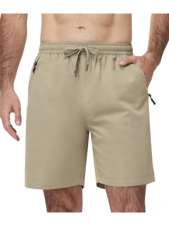 Men's Shorts Summer Casual Elastic Waist Drawstring, Lightweight with Zipper Pockets Khaki 42W