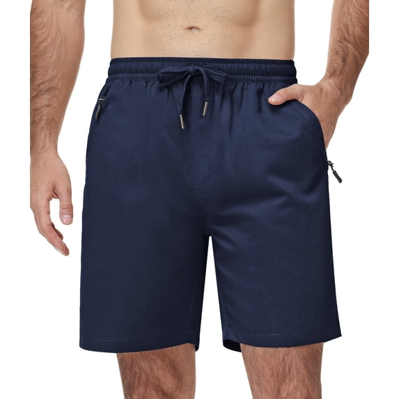 Lavenicole Men's Shorts Summer Casual Elastic Waist Drawstring, Lightweight with Zipper Pockets Navy Blue 32W